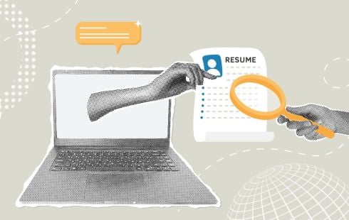 A hand reaches out from a computer screen to grab a resume.