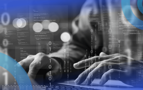 A closeup on the hands of a software developer with an overlay of zeros and ones