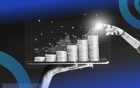 A hand holds a tablet computer like a tray with a stack of coins and a robotic hand reaches out to touch them