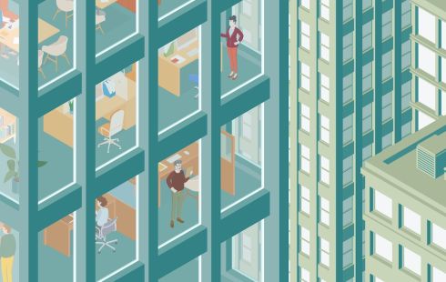 An illustration of employees working in an office building.