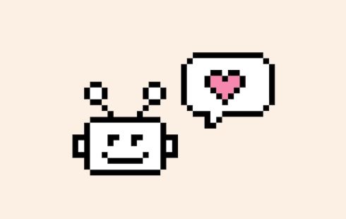Pixel robot with a heart inside a text bubble
