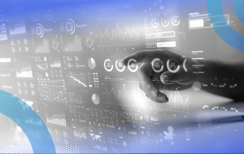 A hand uses a futuristic interface