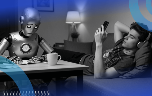 A sad robot reads a book while a person on a couch ignores it by looking at his phone