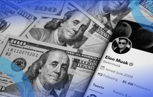 A smartphone showing Elon Musk's Twitter page atop a stack of hundred dollar bills