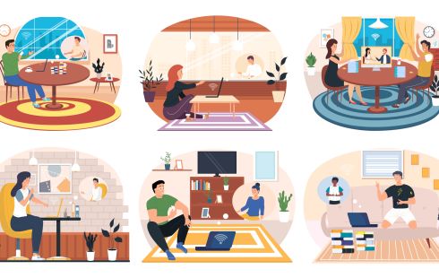 An illustration with six vignettes showing people working from home in different settings like a table, living room and on the floor to show the idea of remote work in tech.