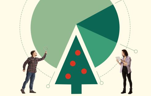 A collage of two tech workers next to geometric shapes like a Christmas tree.