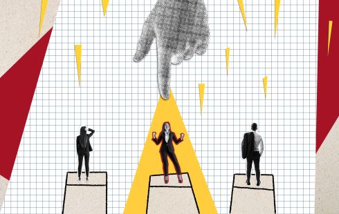 An illustration of three employees and one with a spotlight above them in a collage style to show the idea of recognition at work.