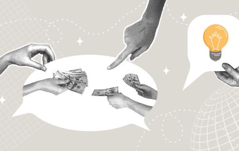 A collage of hands holding money or text boxes with a lightbulb to show the idea of compensation technology.