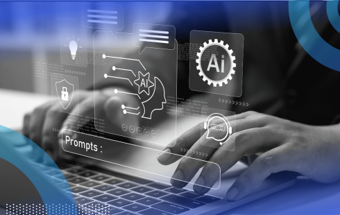 A closeup of hands typing on a keyboard with an AI prompt screen overlay