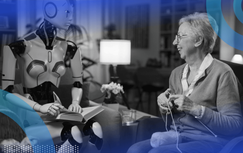 An elderly woman knits while a robot reads to her from a book
