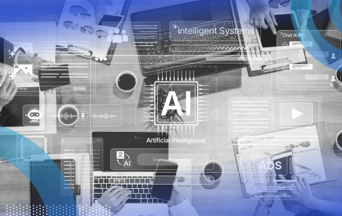 A top-down view of developers working on laptops with AI overlays