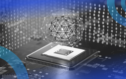 An AI chip with a buckyball above it and quantum code surrounding it