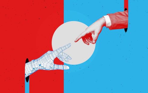 A human hand reaching for a digital hand against a red and blue background