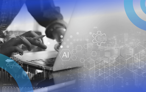 A close up of a tech worker with a stylus working on a laptop with an AI overlay