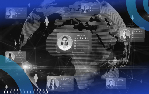 A globe with talent candidate profiles imposed on it