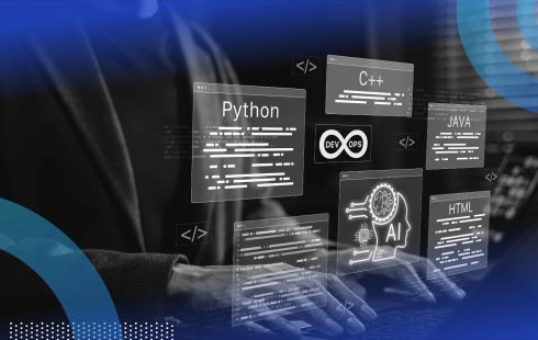 A developer works on a laptop with different computer languages and an AI coding assistant