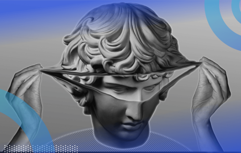 A digitally rendered female face puts on a mask