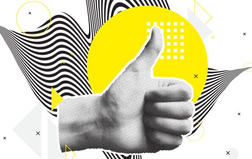 A collage of a hand in a thumbs up with abstract shapes to show the idea of a positive employee satisfaction and wellbeing 
