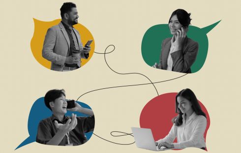 A collage of tech workers communicating clearly with one another through colorful speech bubbles to show the idea of employee well-being and open communication.   