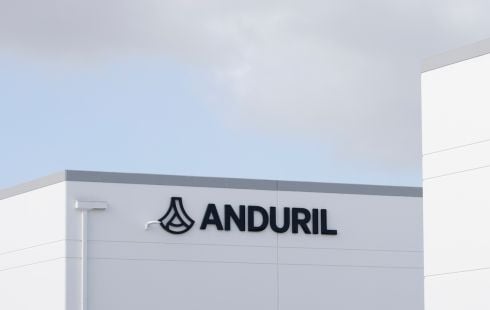 A photo of the Anduril logo on one of its office buildings.