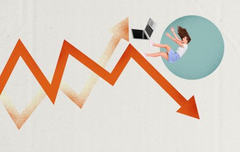 Chart arrows go up and down, with a person and their laptop falling off the edge of an arrow.