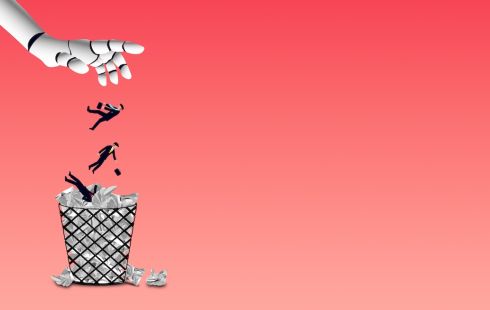 A robotic hand drops men in suits into a trash can filled with crumpled up paper.