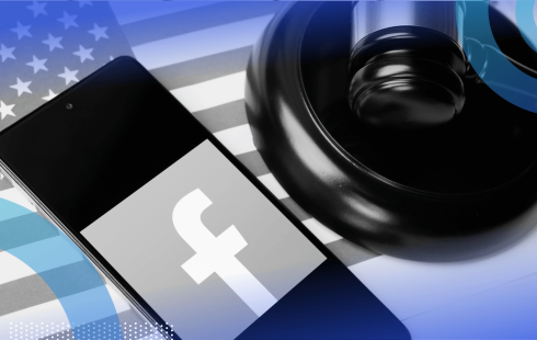 A smartphone with the Facebook logo next to a gavel and an American flag