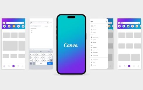 Canva mobile app interface displayed across several phone screens, including the Canva logo, search, menu and project navigation features.