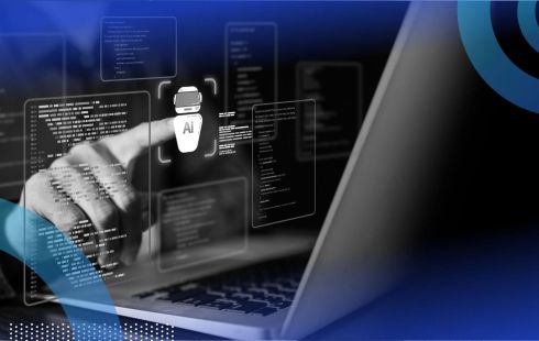 A developer touches an AI agent icon in front of a laptop