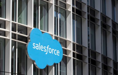 The Salesforce logo on the side of a building.