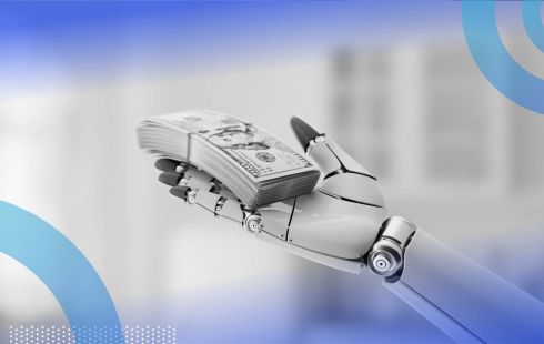 A robot hand holds a stack of $100 bills