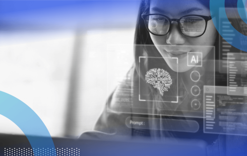 A young woman looks at an AI interface