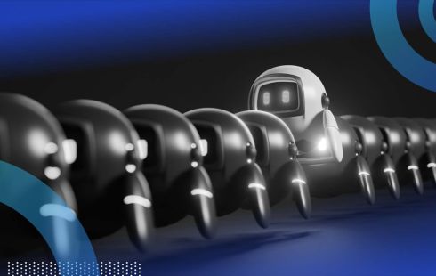 A queue of robots with one rogue one popping up