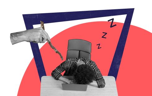 A hand uses a stick to poke an AI user sleeping on their laptop.