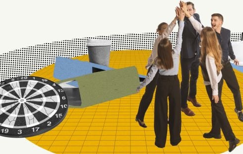 A collage of people high-fiving with images like a dart board and binders around them to show the idea of empowering employees to be successful 