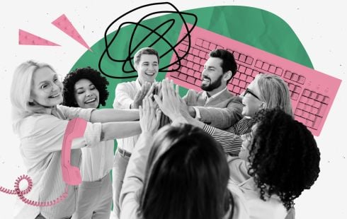 A collage photo of a team high-fiving to with icons of shapes, a phone and a keyboard to show the idea of a tech team united by shared values. 