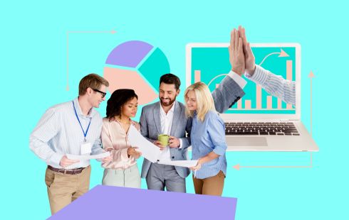 A collage with a team collaborating together with icons behind them like a laptop, high-fiving hands and a pie chart to show the idea of employee engagement. 