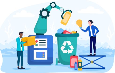 An illustration of a robot sorting recycling with two people to show the idea of working with green tech.