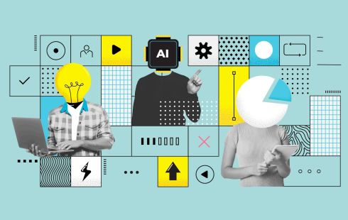 A collage of people with icons of gears, lightbulbs, graphs, buttons, AI chips and more to show the idea of an engineering team building scalable product launches. 