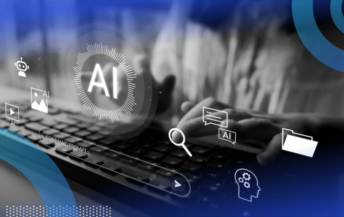 A close up on a worker using a keyboard with an AI icon