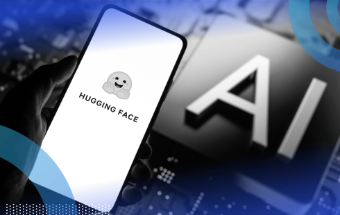 A smartphone showing the Hugging Face logo next to an AI chip