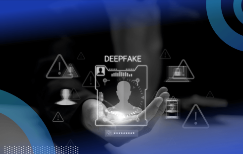 A shadowy hand holds an image saying "deepfake"