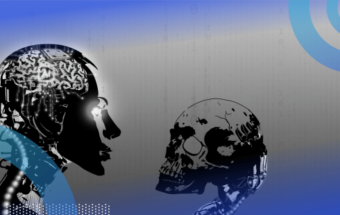 A robot holds a human skull