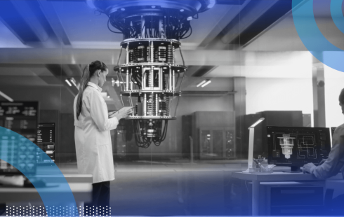 A woman in a lab coat works on a quantum computer