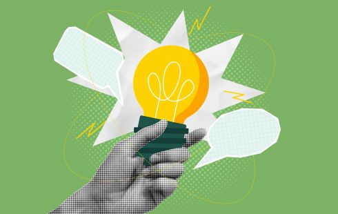 A halftone collage of a hand holding a lightbulb to show the idea of product teams coming up with new ideas and innovating. 