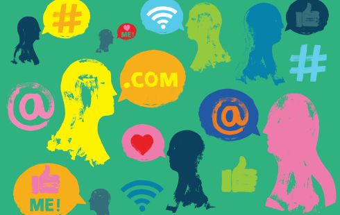 Different-colored silhouettes on green background. Pink, yellow, orange, blue and red symbols.