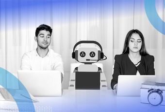 A robot sits between two skeptical employees working on laptops.