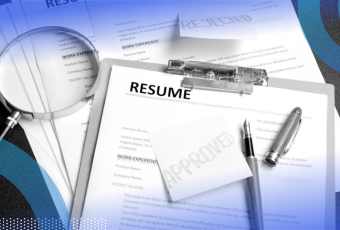 A resume on a clipboare with an uncapped pen on top of it and a sticky note reading “approved” on top of another resume with a note that reads “rejected” next to a magnifying glass.