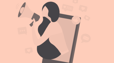 An orange-toned image of a cartoon woman with a megaphone. /marketing/influencer-marketing-campaigns