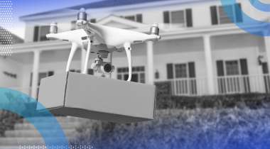 data-systems-operations package delivery drone in front of a house